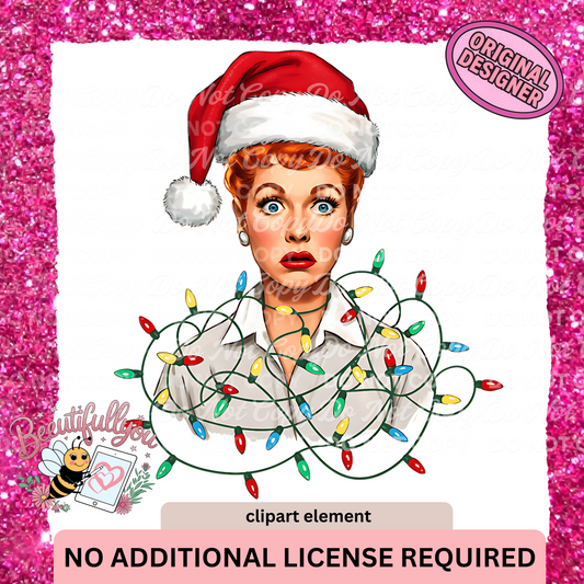 Lucy Tangled in Christmas Lights Clipart | Retro Holiday PNG Element