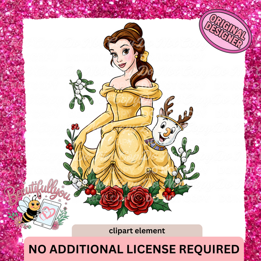 Christma Clipart Element | PNG Download | Holiday Princess with Roses & Mistletoe