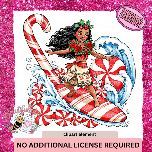 Christmas Surf Clipart Element | PNG Download | Candy Cane Surfboard & Holiday Waves