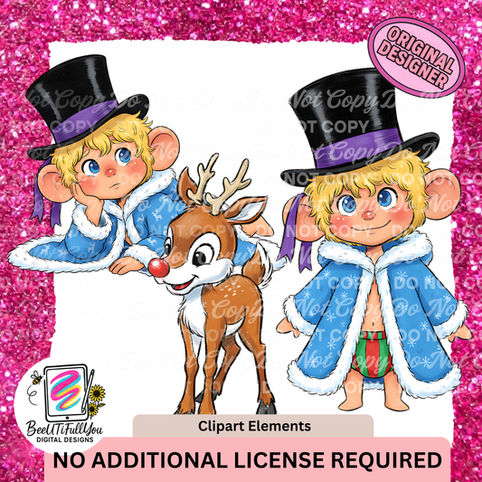 Christmas Rudolph Boy & Reindeer Clipart,  3 PNG Elements