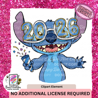 2026 New Year Blue Alien Clipart | Party Glasses Character PNG | Cute Celebration Art