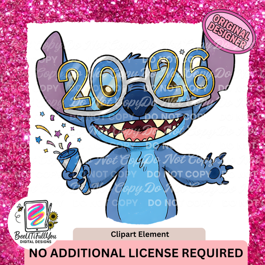 2026 New Year Blue Alien Clipart | Party Glasses Character PNG | Cute Celebration Art