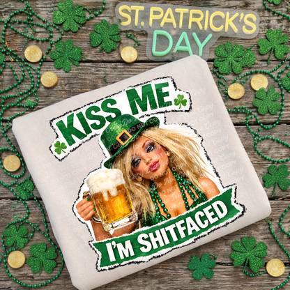 Kiss Me I’m Shitfaced St. Patrick’s Day Digital Design PNG | Funny Drunk Leprechaun Girl Shirt Design