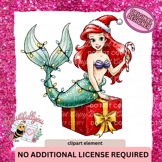 Christmas Mermaid Clipart Element | PNG Download | Holiday Lights, Candy Cane & Gift Box