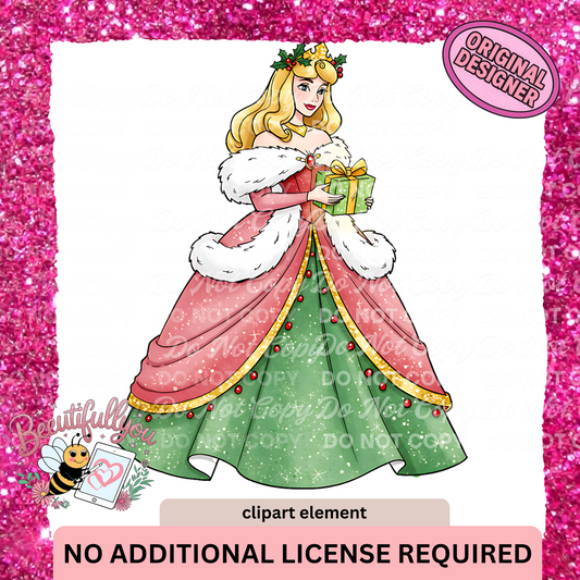 Christmas princess Clipart Element | PNG Download | Holiday Princess with Gift