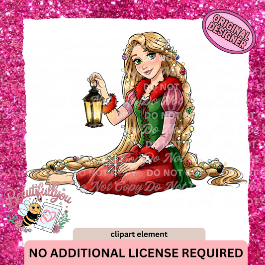 Christmas Clipart Element | PNG Download | Holiday Princess with Lantern & Ornaments