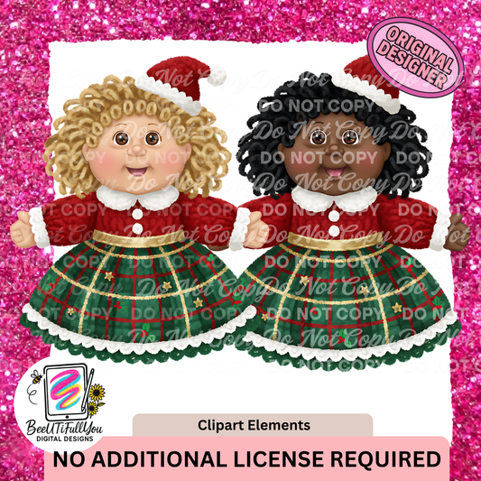 Christmas Doll Clipart Set | Holiday Doll Clipart Elements | Cabbage Patch Style Christmas Dress PNG