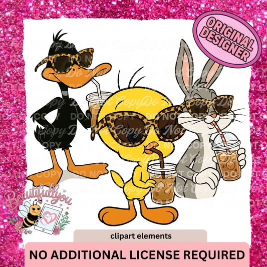 Cool Cartoon Coffee Crew | Leopard Sunglasses Iced Coffee Clipart | Digital PNG Elements | No Additional License Required
