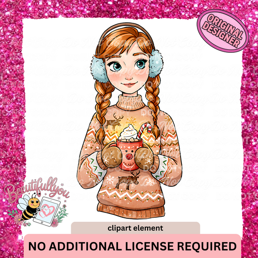 Christmas princess Clipart Element | PNG Download | Cozy Winter Sweater & Hot Cocoa