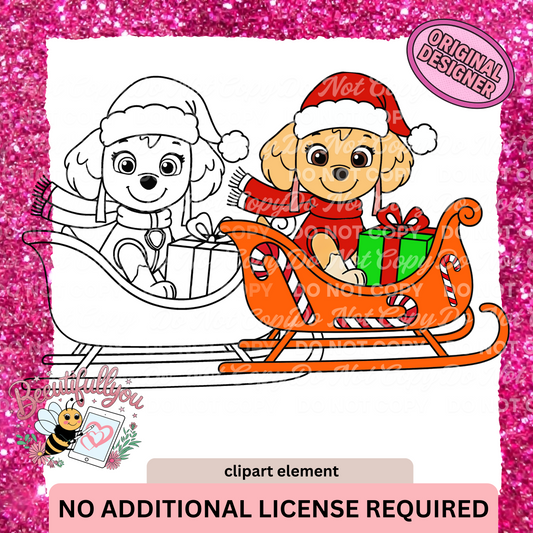 Christmas Sleigh Dog Clipart | Colored & Outline PNG