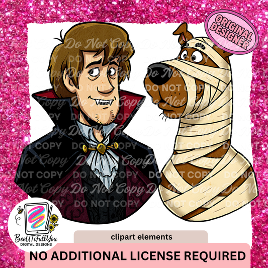 Halloween Dog & Friend Clipart | Funny Vampire & Mummy Duo PNG | Cartoon Halloween Clipart Elements for Shirts & Designs