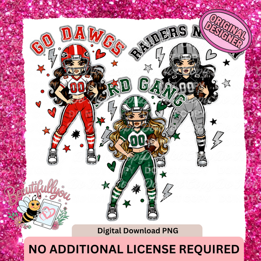 Football Girl PNG Bundle | Go Dawgs, Raiders Nation, Bird Gang | Digital Download for Shirts, Tumblers, and Game Day Crafts