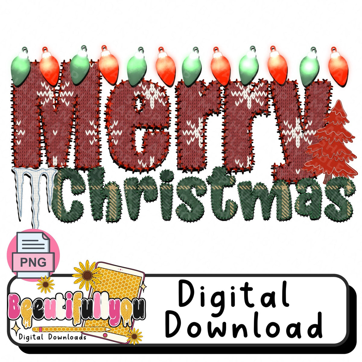 Merry Christmas Faux Knit PNG | Christmas Lights Sweater Design