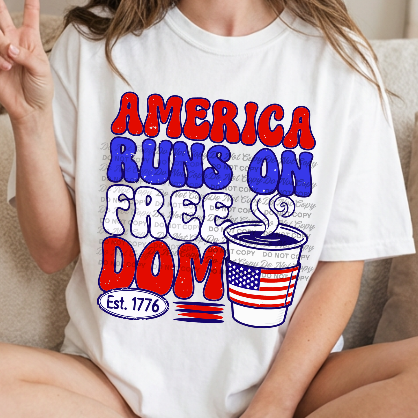 America Runs On Freedom PNG | Patriotic Coffee Design | 4th of July Shirt Graphic | Sublimation & DTF Ready