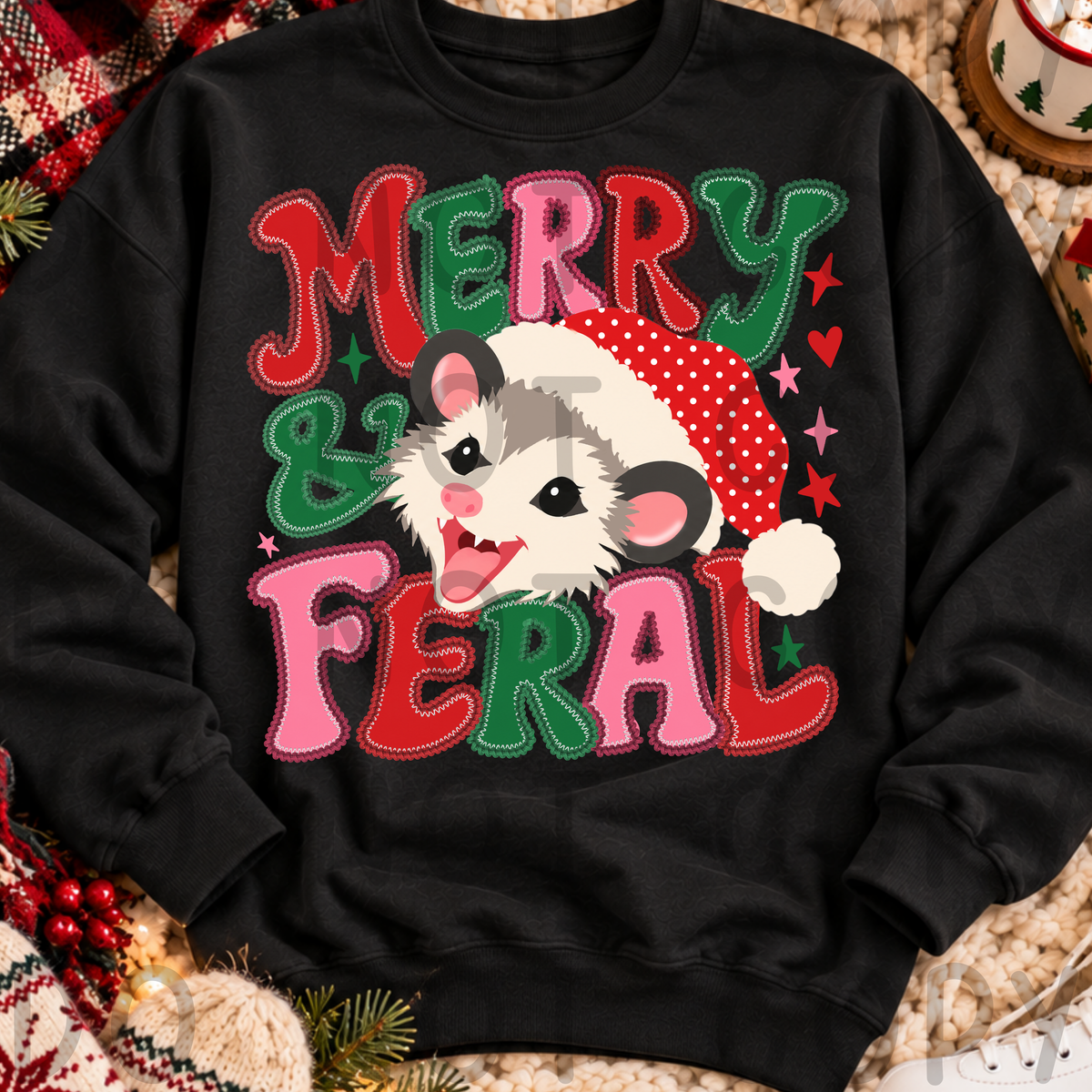Merry & Feral Christmas PNG | Funny Possum Faux Embroidery Design