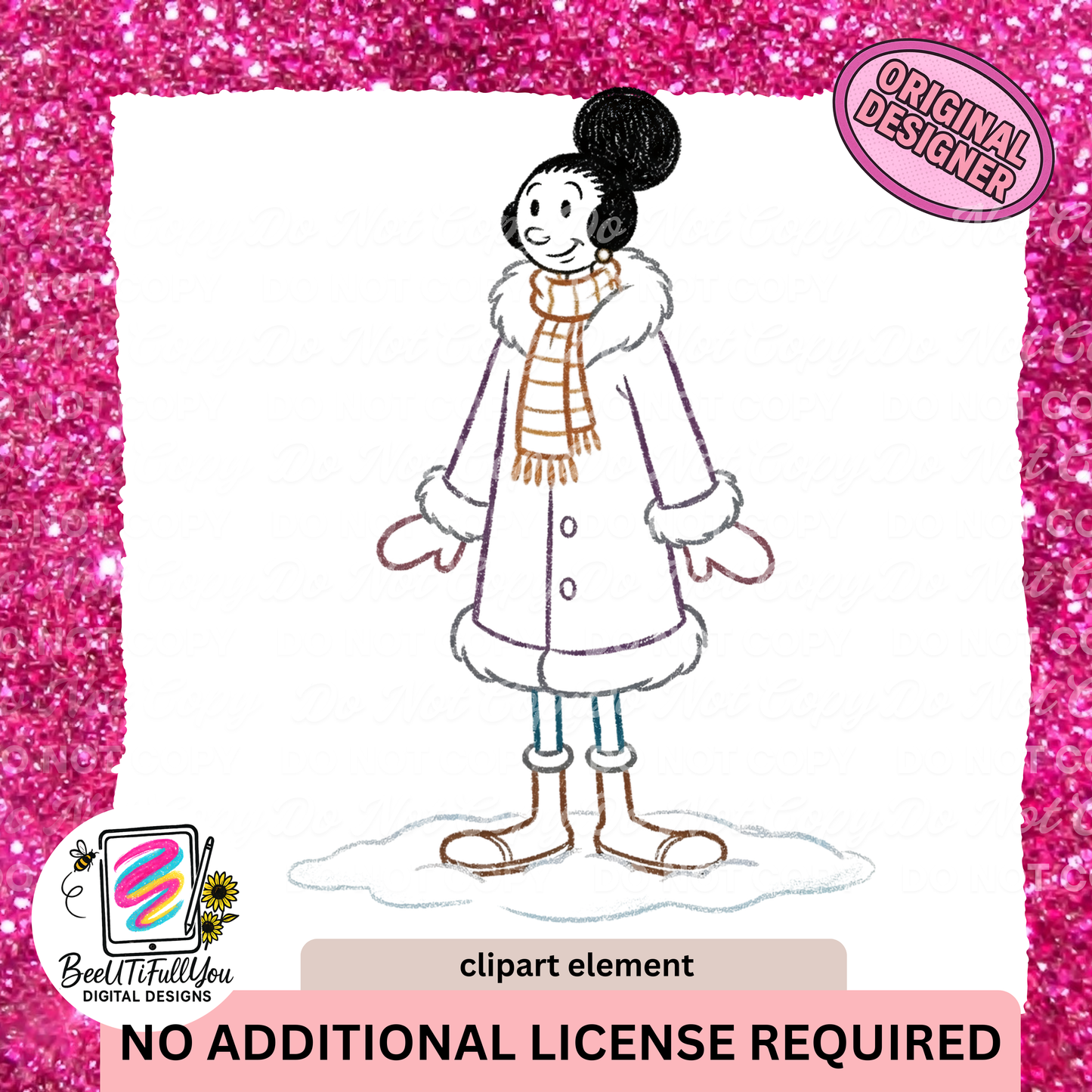 Winter Cartoon Girl Clipart Element | Crayon Outline Doodle PNG | Commercial Use Included