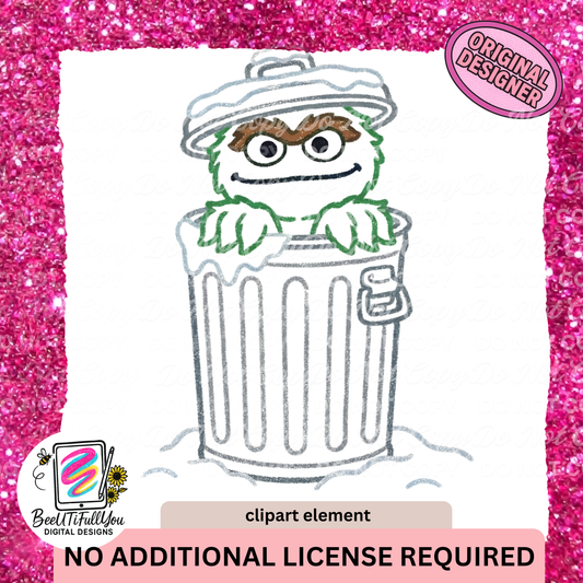 Grumpy Trash Can Monster Clipart Element | Crayon Outline Doodle PNG | Commercial Use Included