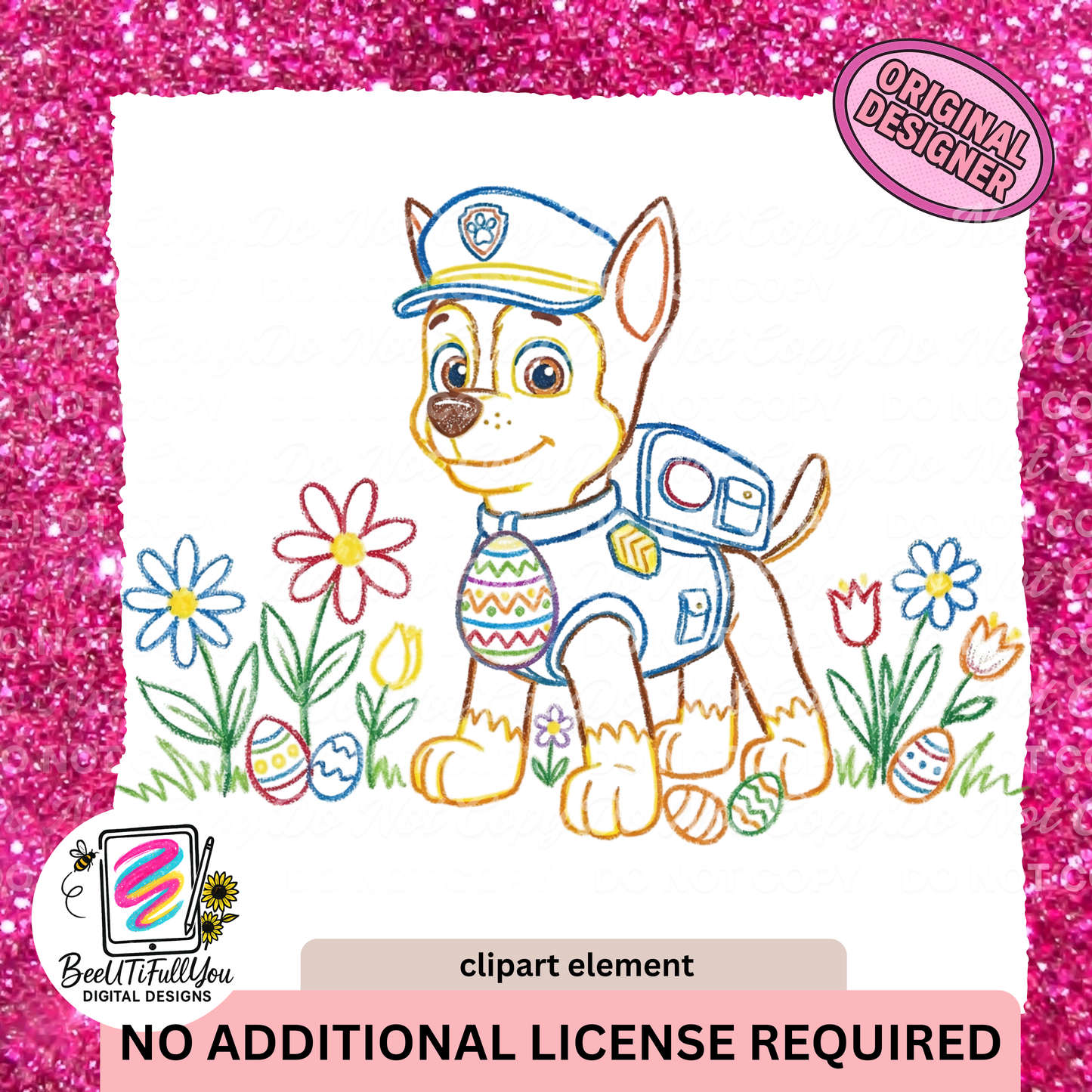 Easter Police Pup Clipart Element | Crayon Outline Doodle PNG | Commercial Use Included