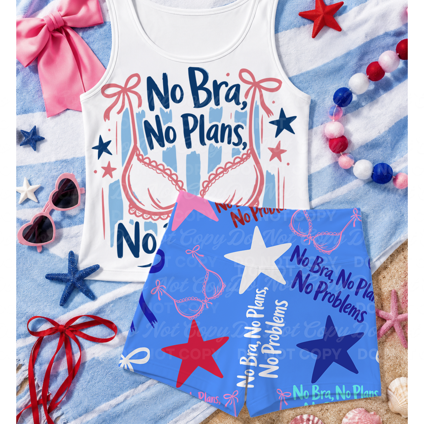 No Bra No Plans No Problems PNG + Seamless Pattern | Funny Beach Summer Design Set | AOP Shorts Sublimation and DTF design Bundle