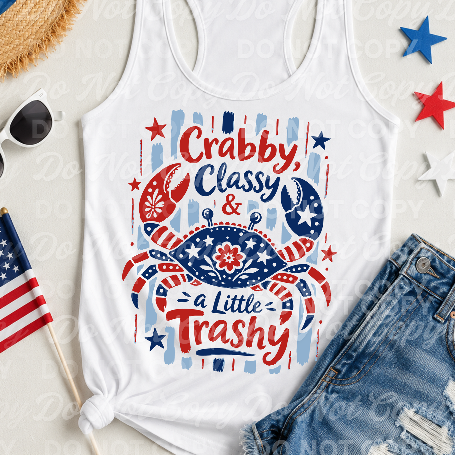 Crabby Classy & a Little Trashy PNG | Funny Patriotic Crab Shirt Design | Coastal 4th of July Sublimation Download