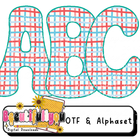 Patriotic Plaid Font OTF + PNG Alphabet | Red Blue Preppy Checkered Letters | 4th of July Bubble Font | Summer Font