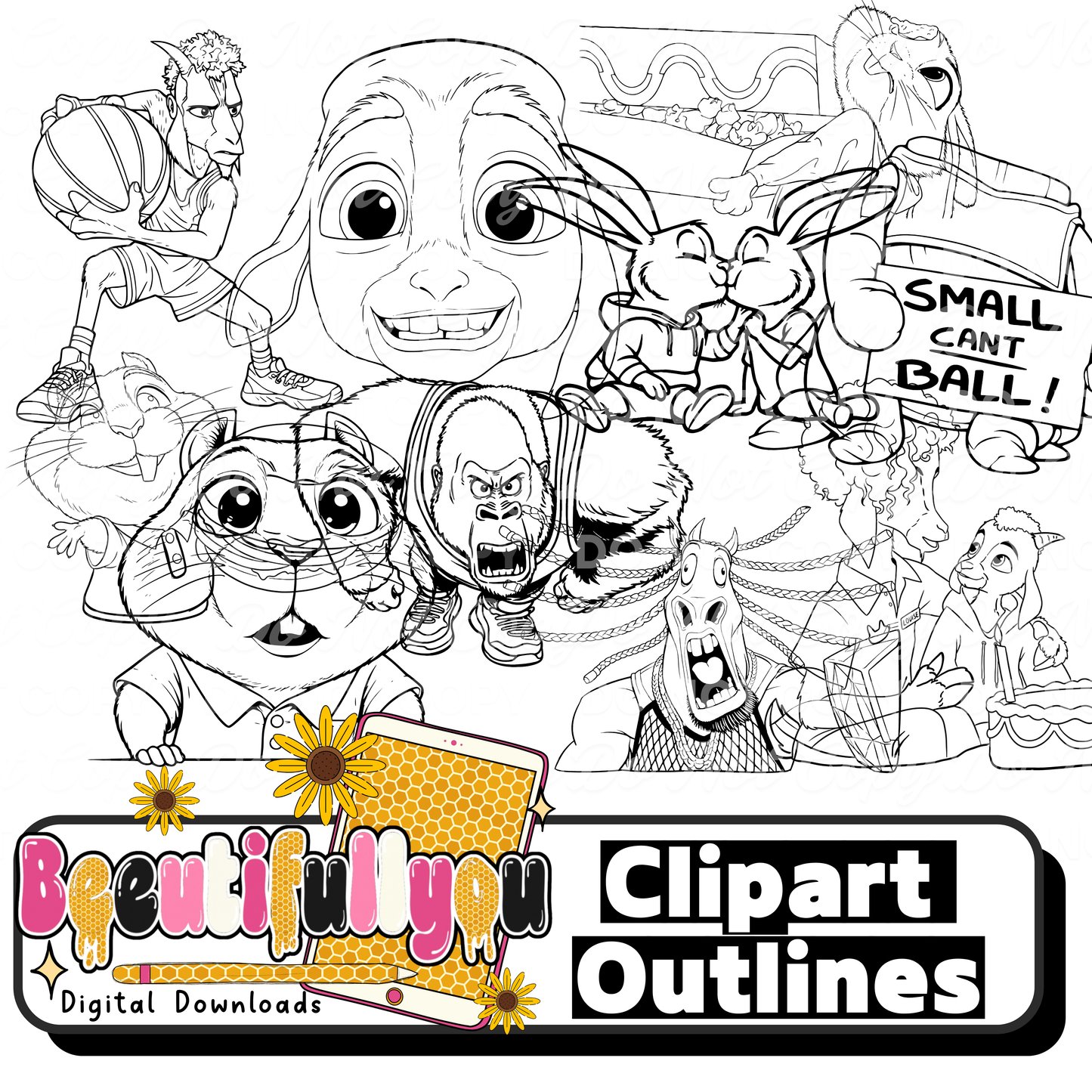 Animal Character Clipart Bundle PNG | Colored + Outline Cartoon Animals | Cute Character Clipart Set | Commercial Use Design Elements