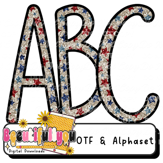 Patriotic Star Glitter Font OTF | Red White Blue Alphabet | 4th of July Font | Commercial Use Letter Set