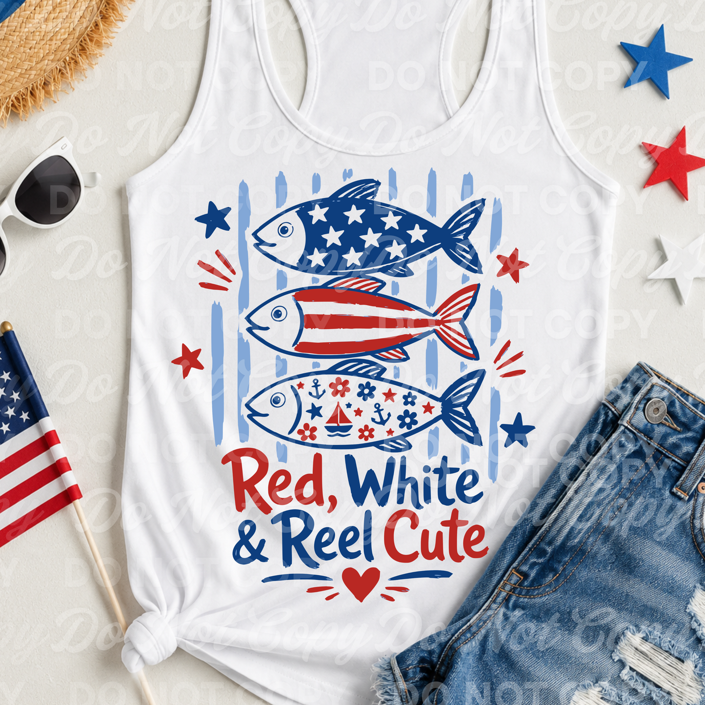 Red White & Reel Cute PNG | Patriotic Fish Shirt Design | Coastal 4th of July Fishing Sublimation & DTF Design Download