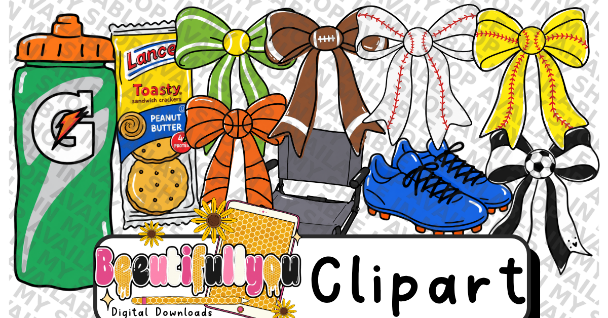 Sports Mom Sideline Clipart Bundle PNG | Sports Bow Clipart Elements | Football Baseball Soccer Softball Doodle Set