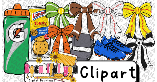 Sports Mom Sideline Clipart Bundle PNG | Sports Bow Clipart Elements | Football Baseball Soccer Softball Doodle Set