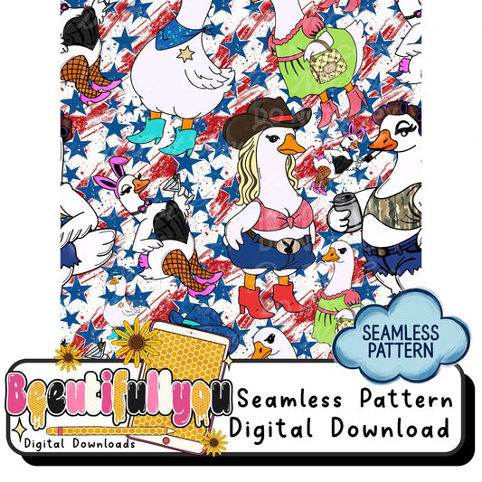 Patriotic Cowgirl Goose Seamless Pattern PNG | Western 4th of July Print | Red White Blue All Over Print Design | Sublimation Pattern