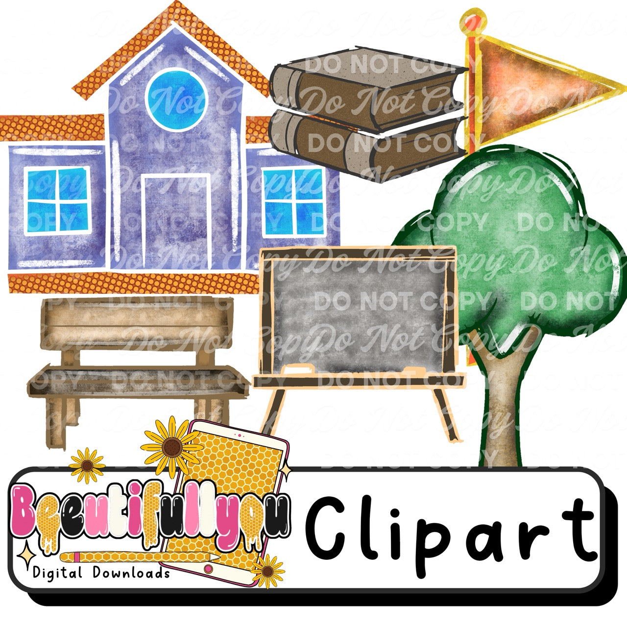 School Clipart Set PNG | Watercolor School Building, Books, Chalkboard & Classroom Elements | Teacher & Education Graphics
