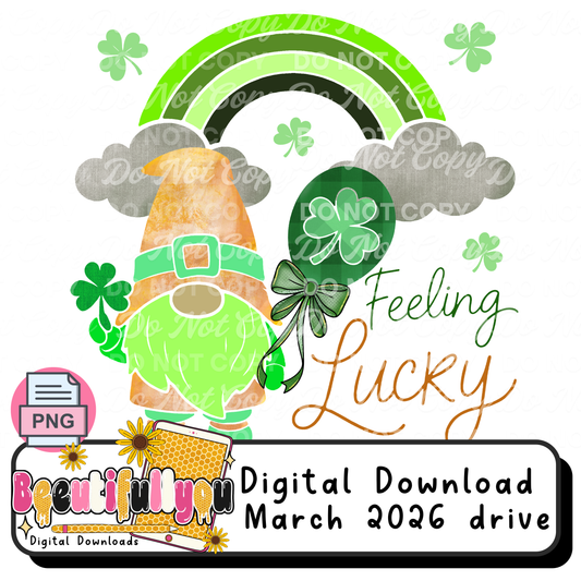 Feeling Lucky Gnome PNG | St Patrick’s Day Gnome Design | Lucky Clover Rainbow Graphic | Digital Download