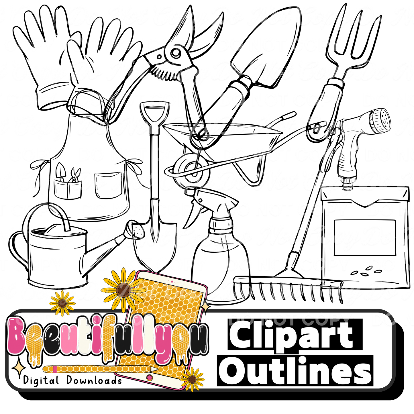 12PC Gardening Clipart Outlines Bundle | Spring Garden Line Art | Commercial Use PNG | Colorable Clipart for Resale Designs