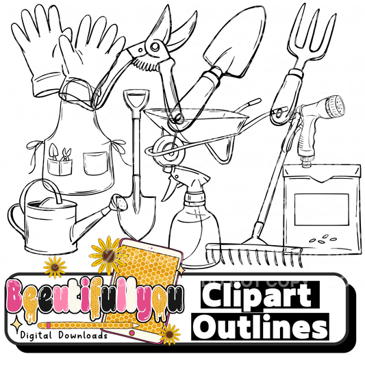 12PC Gardening Clipart Outlines Bundle | Spring Garden Line Art | Commercial Use PNG | Colorable Clipart for Resale Designs