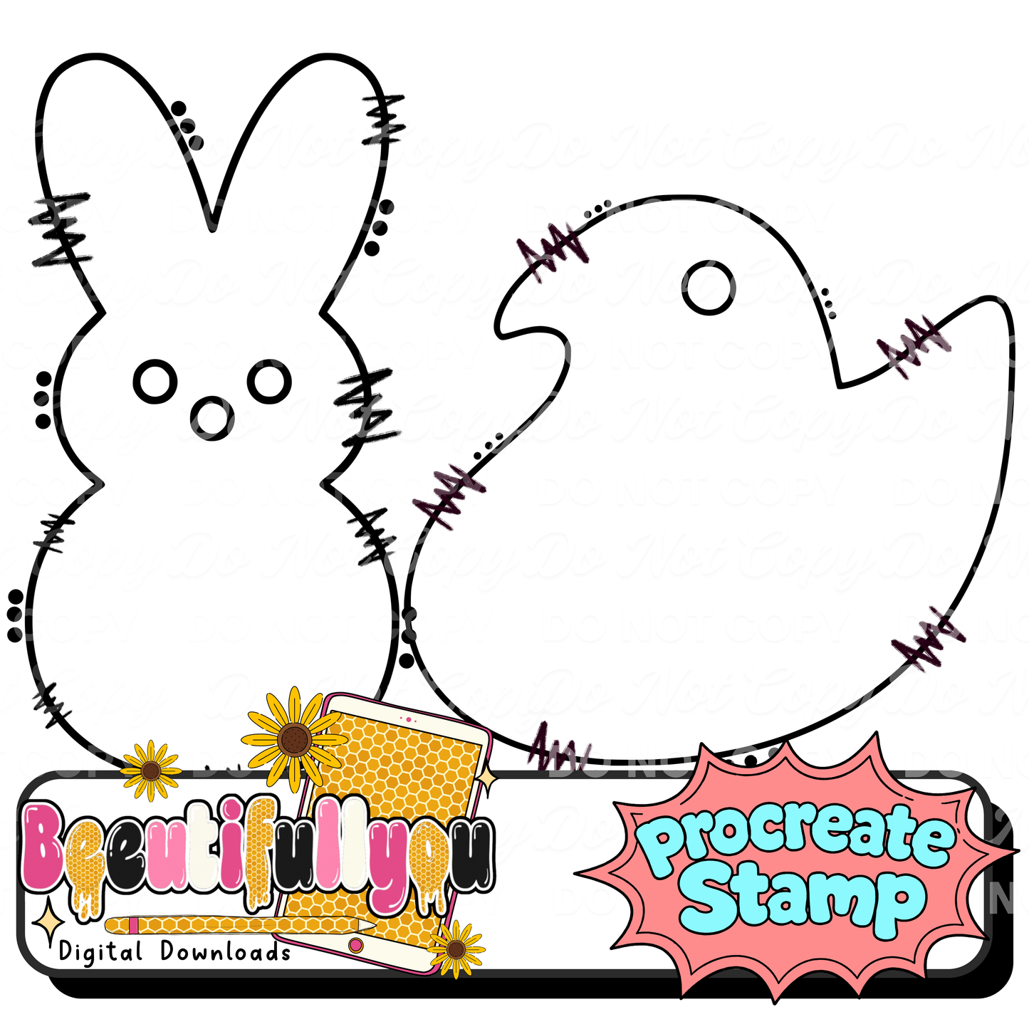 Bunny & Chick Procreate Stamp Brush | Easter Outline Builder | Resell License Included