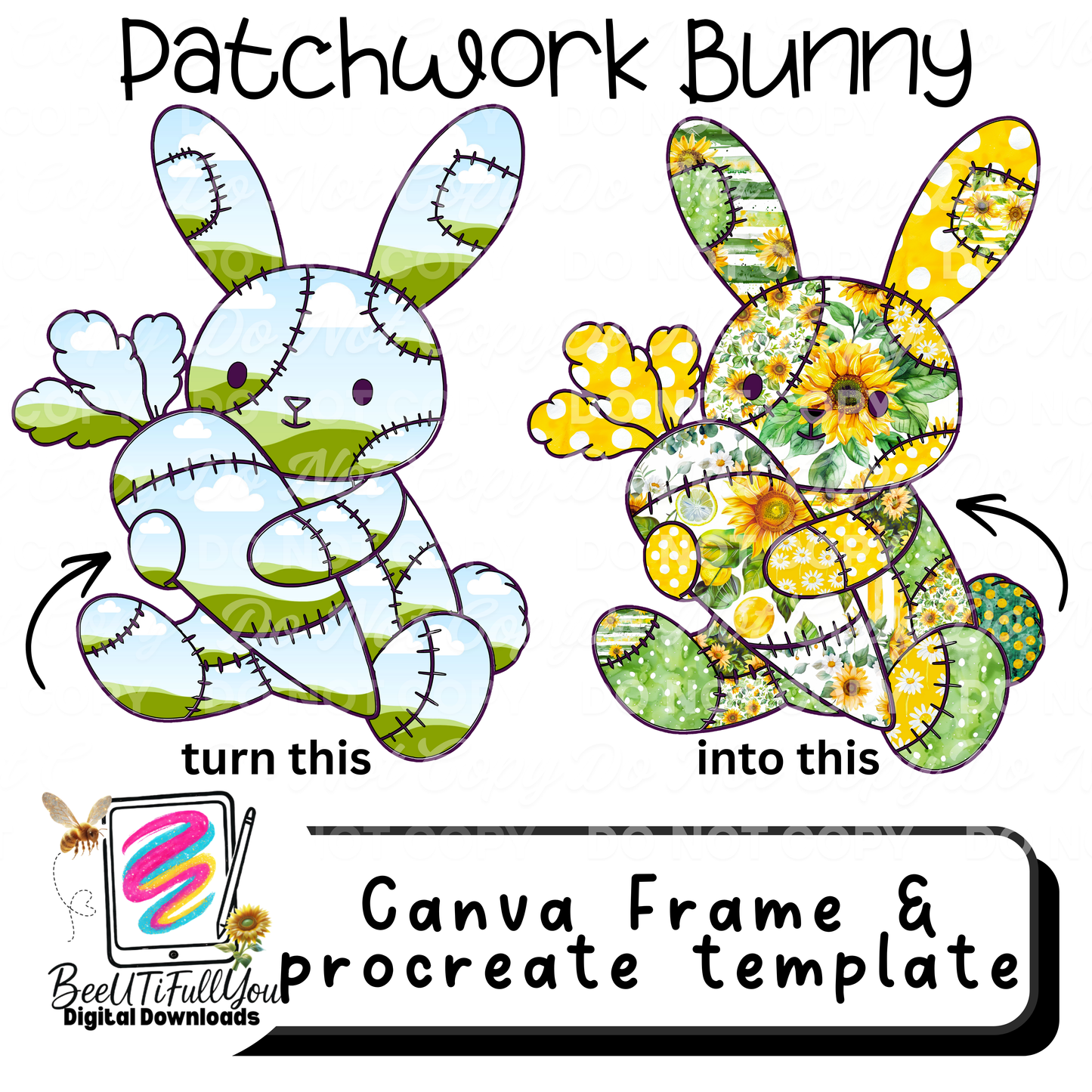 Patchwork Bunny Canva Frame & Procreate Template Create a Custom Quilt-Look Bunny with Your Own Textures
