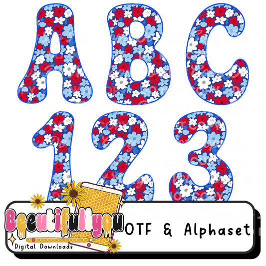 Patriotic Floral Font OTF | 4th of July Alphabet | Red White Blue Flower Font | USA Retro Bubble Letters | Summer Sublimation Font