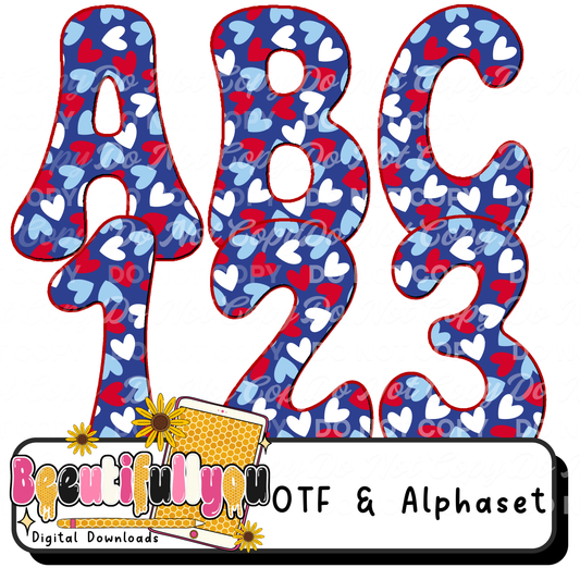 Patriotic Heart Font OTF + PNG Alphabet | Red White Blue Bubble Letters | 4th of July Heart Font | USA  Font