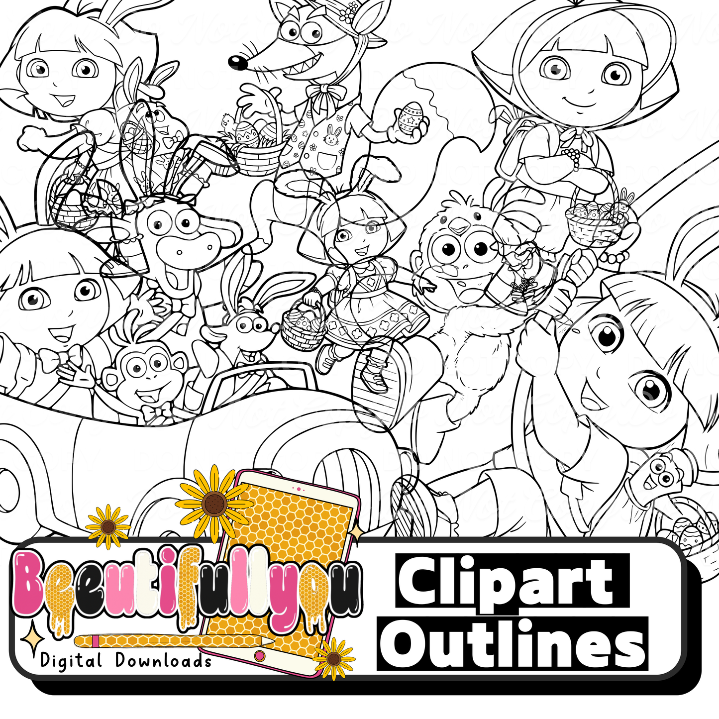 Easter Adventure Girl Outline Clipart Set | Spring Coloring Line Art Characters | Modify & Resell Clipart Elements | Digital Download