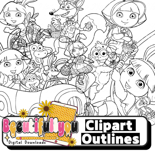 Easter Adventure Girl Outline Clipart Set | Spring Coloring Line Art Characters | Modify & Resell Clipart Elements | Digital Download