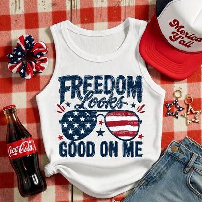 Freedom Looks Good On Me PNG | Patriotic Shirt Design | 4th of July Sublimation PNG | USA Sunglasses Graphic Tee Design