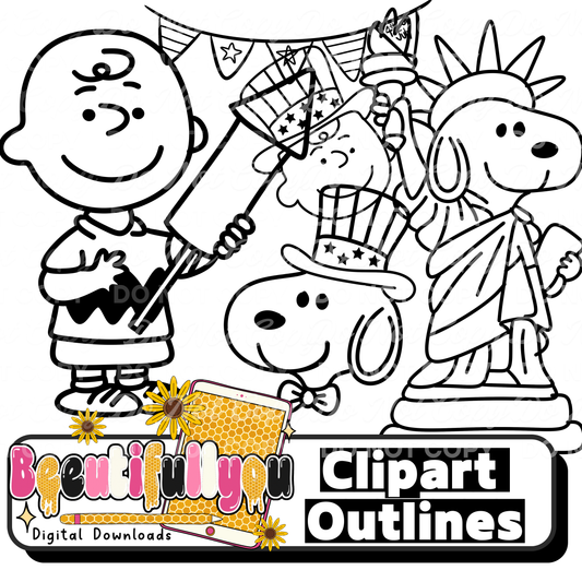 Patriotic Cartoon Outline Clipart PNG | Coloring Style Clipart | 4th of July Designs | Commercial Use Line Art