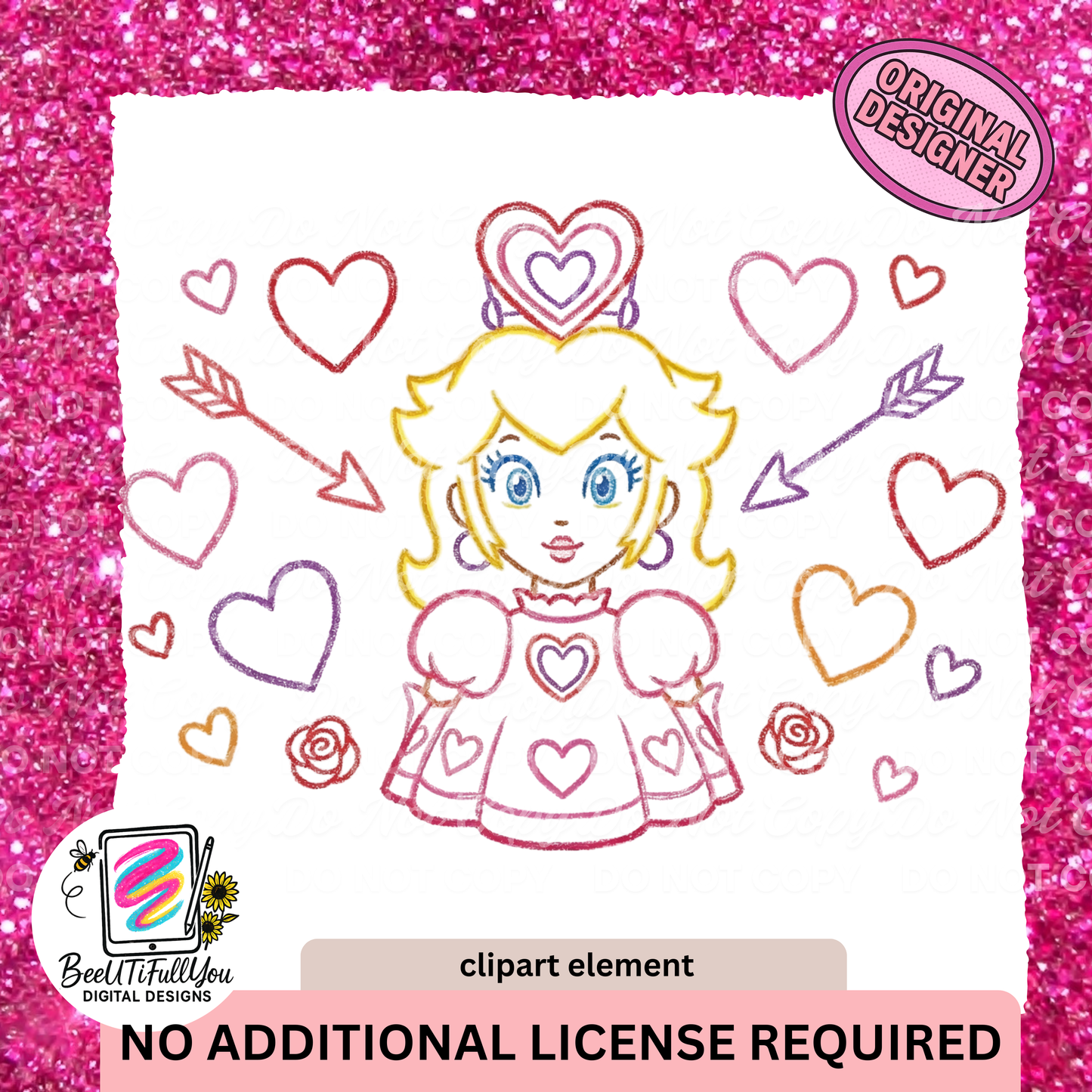 Valentine Princess Girl Clipart Element | Crayon Outline Doodle PNG | Commercial Use Included