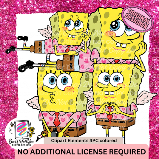 Valentine Sponge Angel Clipart Set | 4 PNG Elements | Colored + Outline Versions | Commercial Use Included