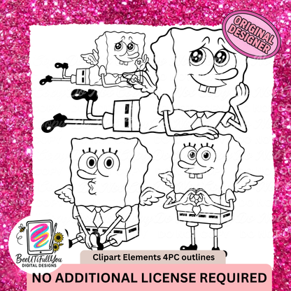 Valentine Sponge Angel Clipart Set | 4 PNG Elements | Colored + Outline Versions | Commercial Use Included