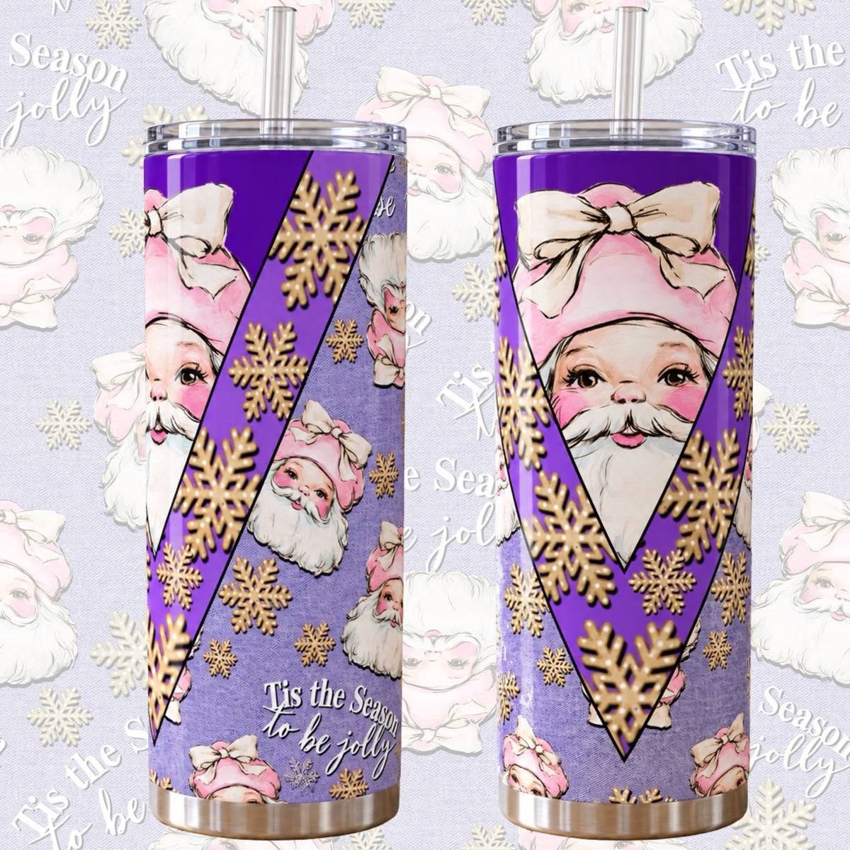 Pink Santa Christmas Digital Bundle | Seamless Pattern, Tumbler Wrap & PNG