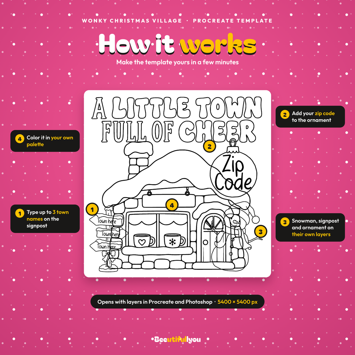 Wonky Christmas Village Template Bundle | 36 Colorable PNGs + Procreate Stamps + Editable PSD | Christmas Town Design Kit