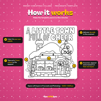 Wonky Christmas Village Template Bundle | 36 Colorable PNGs + Procreate Stamps + Editable PSD | Christmas Town Design Kit