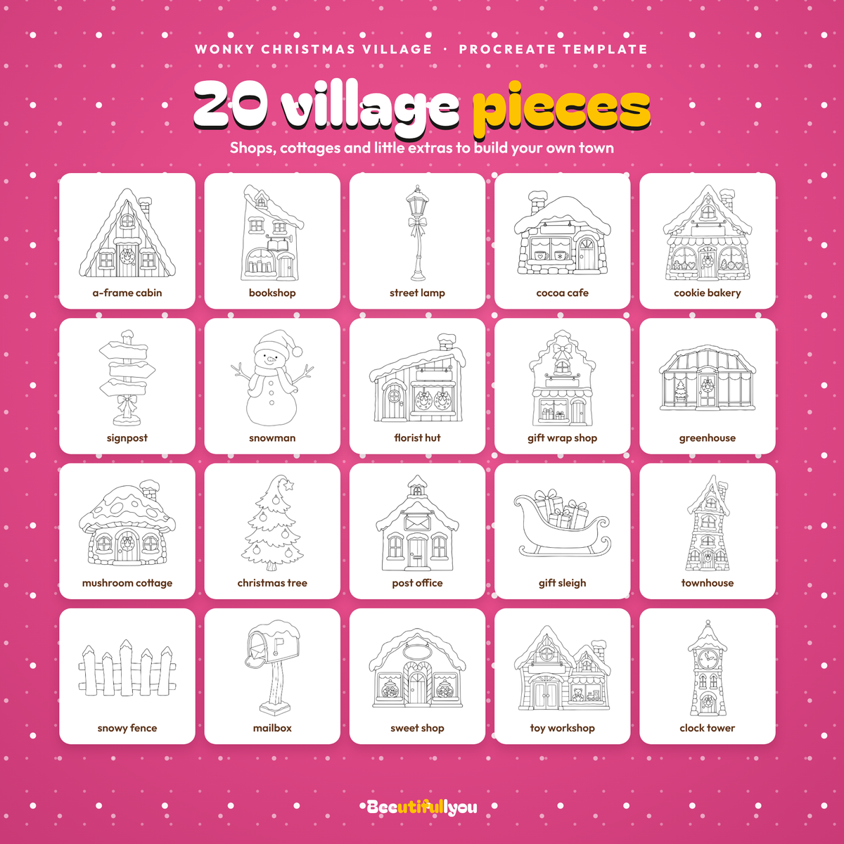 Wonky Christmas Village Template Bundle | 36 Colorable PNGs + Procreate Stamps + Editable PSD | Christmas Town Design Kit
